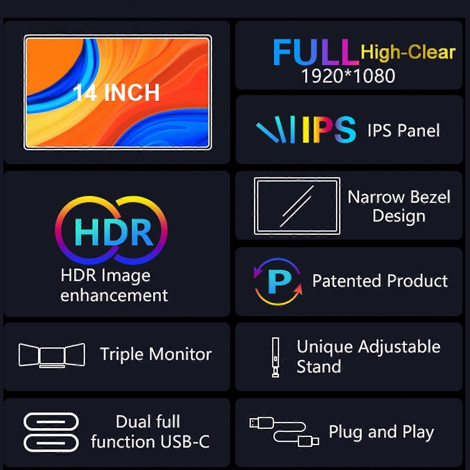 14 inch Portable Triple-screen Monitor Laptop Expansion Screen 1920*1080 Resolution Easy Installatio