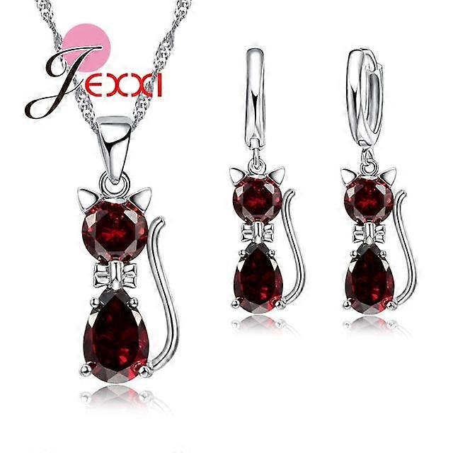Argent sterling 925 mignon chat cristal collier boucles d’oreilles ensembles de bijoux pour femmes filles fête meilleur ami cadeau bijoux de mode