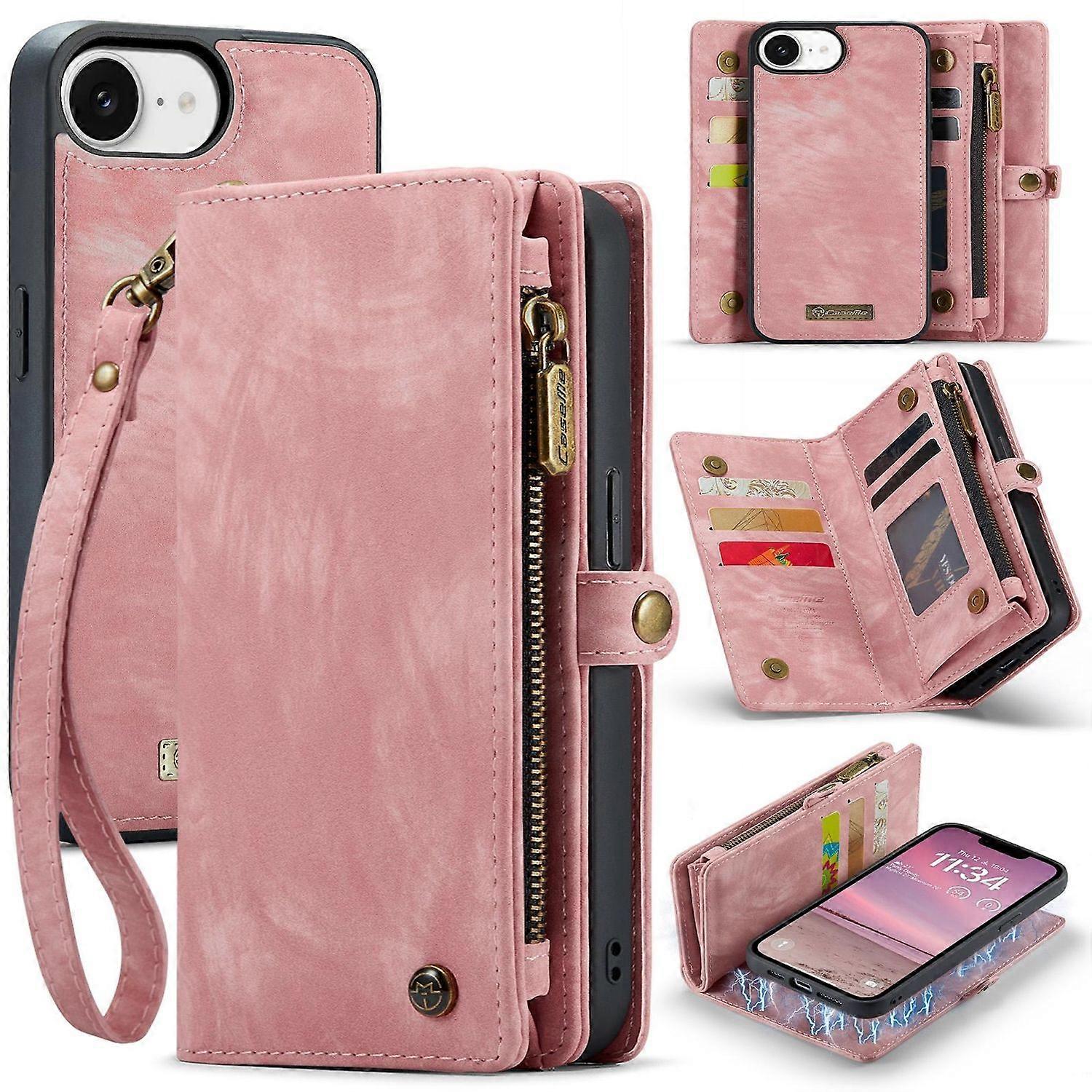 For Apple iPhone 16e Leatherette Multifunction Zipper Pouch Case Pink