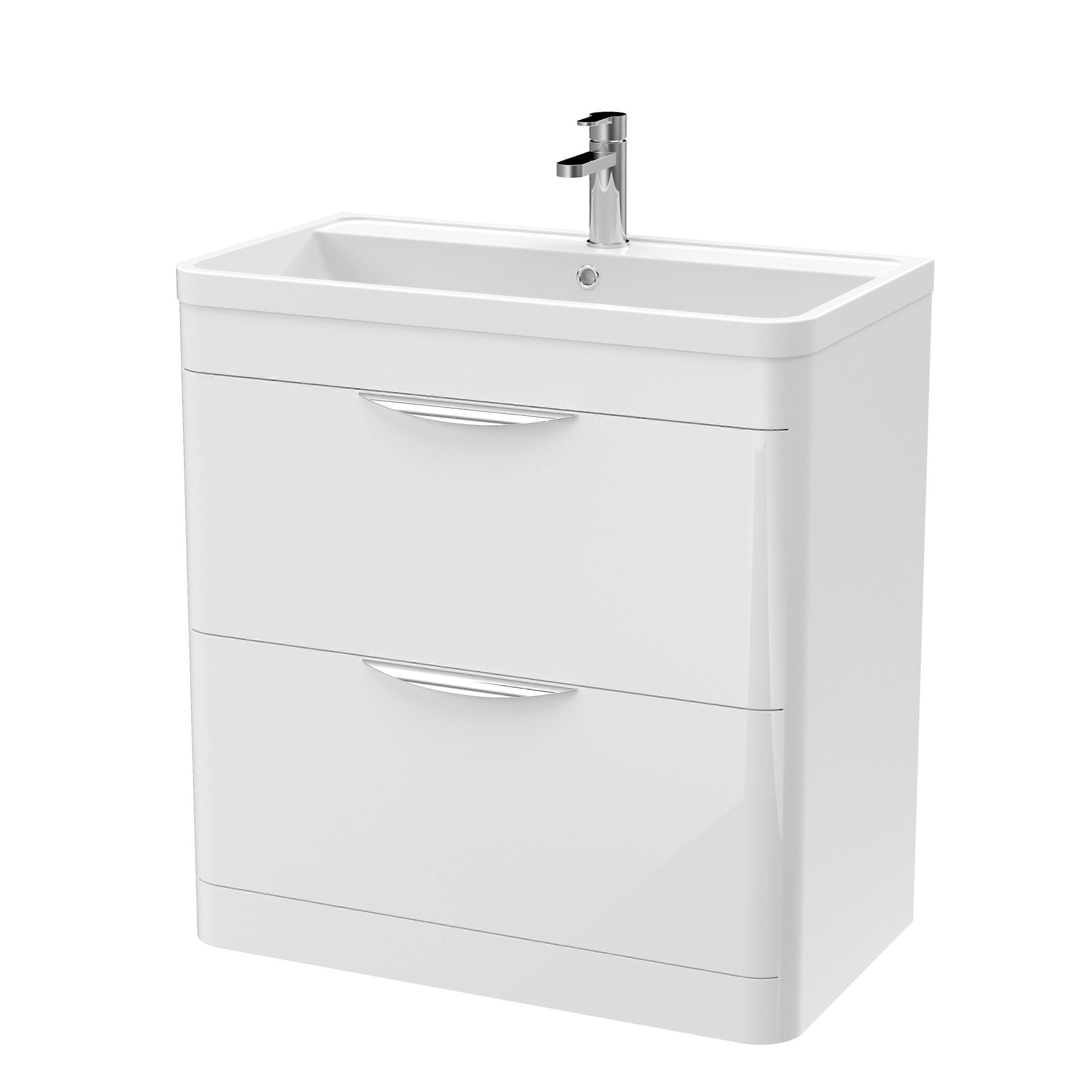 Balterley Wave Modern Bathroom Floor Standing 2 Drawer Vanity Unit Basin, Gloss White, 755mm