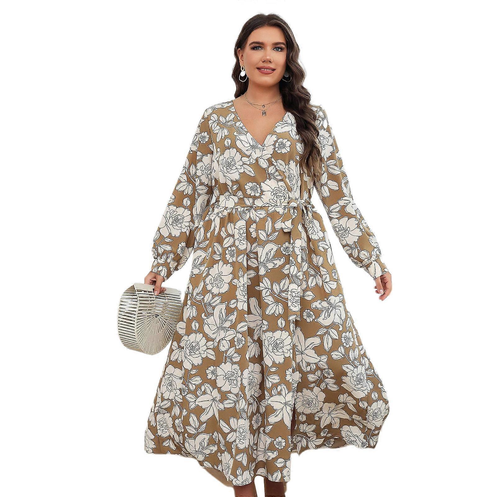 Blommig Lång Maxiklänning Dam Elegant Casual Långärmad Klänning Plus Storlek Bohemisk Klänning Brun XL