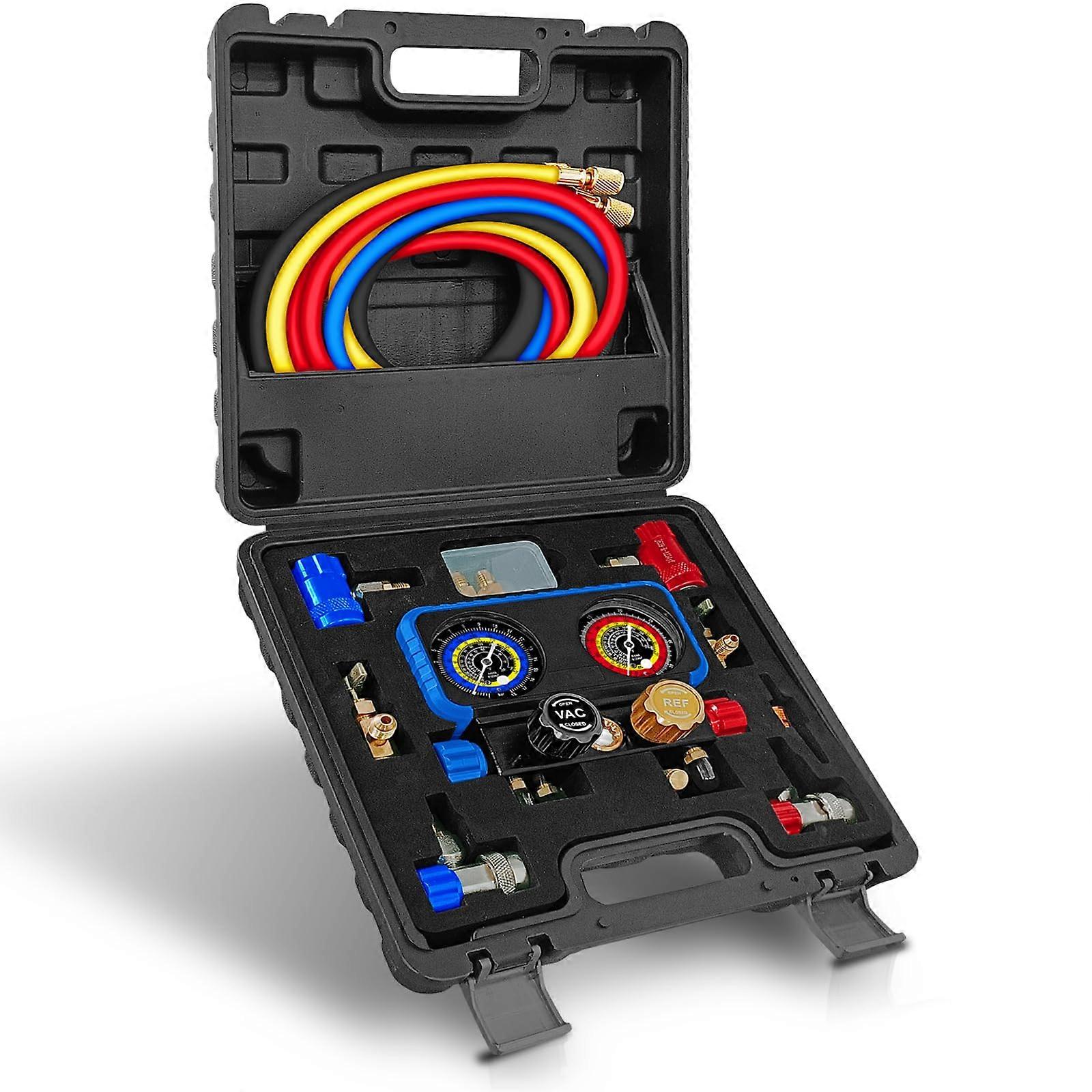 R1234yf Gauge Set, 4 Way Manifold Gauge Kit for R1234yf R134a Refrigerant, Automotive AC Charging with Quick Couplers and Can Tap