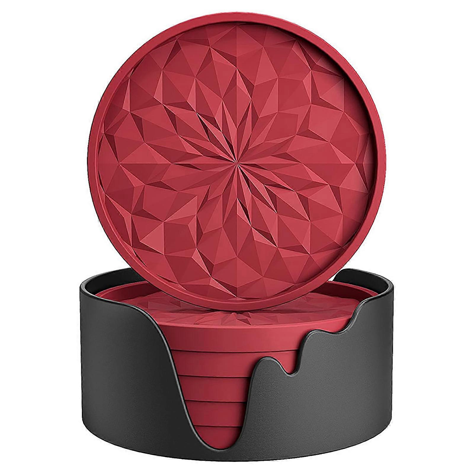 Set of 6 Convenient Coasters Set Cup Mats Round Drink Mats Table Mats Silicone Texture Suitable for Various Cups Burgundy