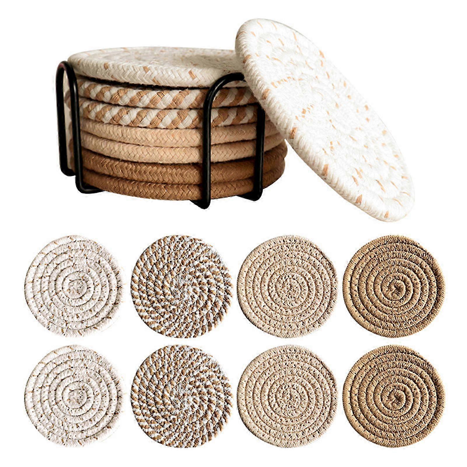 Elegant Handmade Round Coasters Set with Holder 8 Pieces Super Absorbent for Wooden Tables Durable Drink Mats to Protect Surfaces