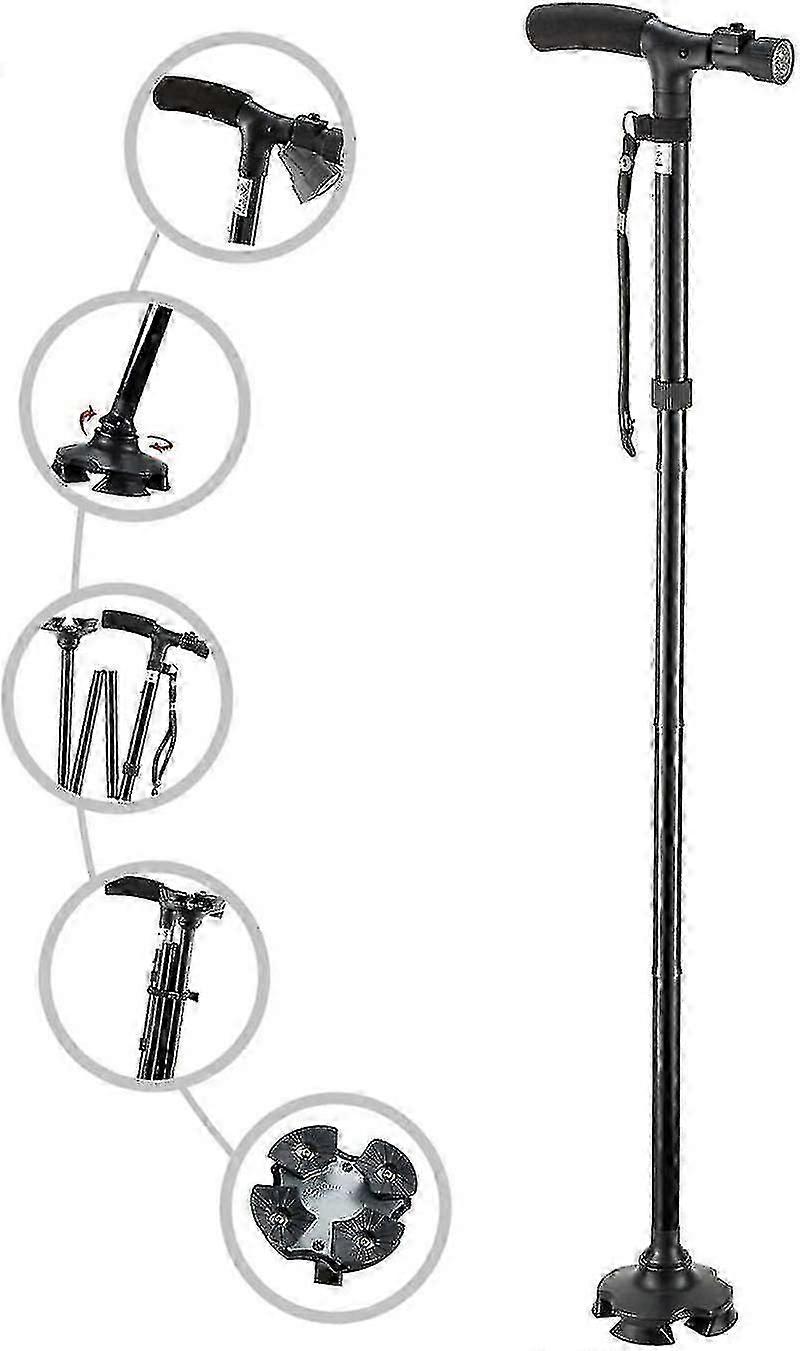 Folding Cane With Led LightAdjustable Cane For Men And WomenCane For The ElderlyT-handle With Seat Cushion And Four Swivel Legs