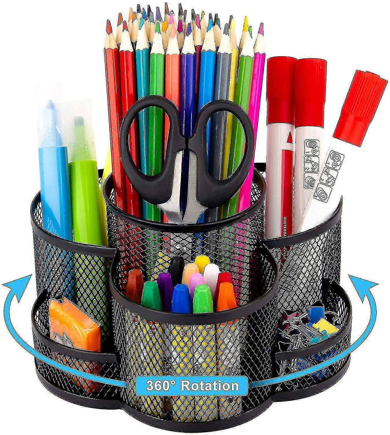 Mesh Desk Pen Holder, 7 Compartments, Rotating Organizer – Black