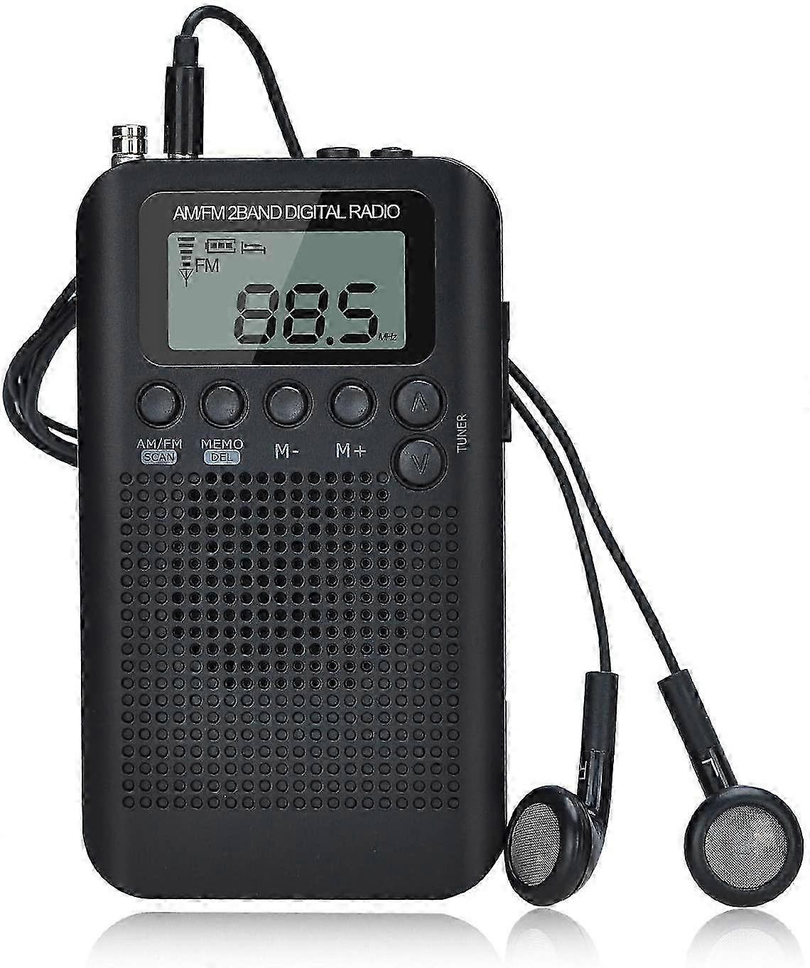AM/FM Pocket Digital Radio Alarm Clock Sleep Timer Built-in Speaker Portable Small Radio with Earpho--