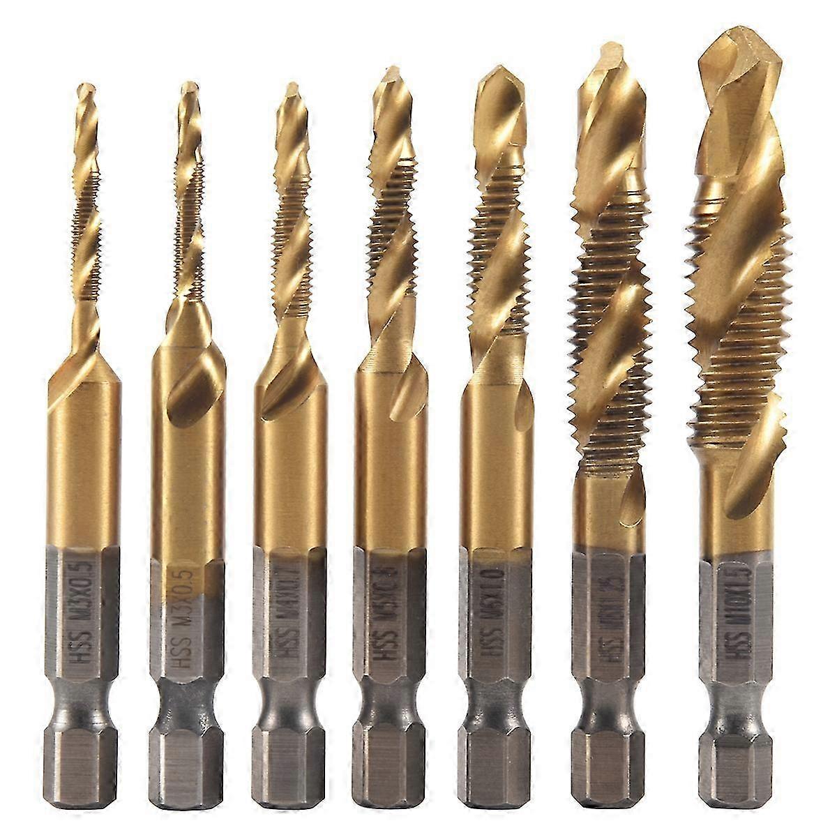 7Pcs 1/4Inch Hex Shank Titanium Combination Drill and Tap Set Metric Thread HSS M3-M10 Screw Tapping Edition 0702
