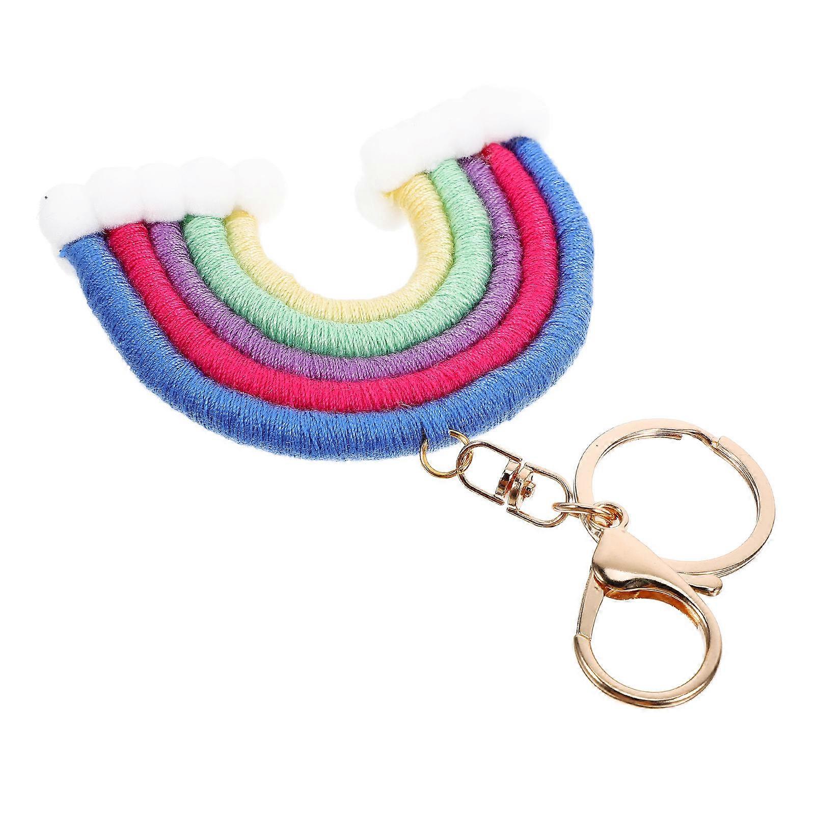 Handwoven Cotton Rope Key Ring Pendant with Rainbow Style Blue Color for Decoration Use