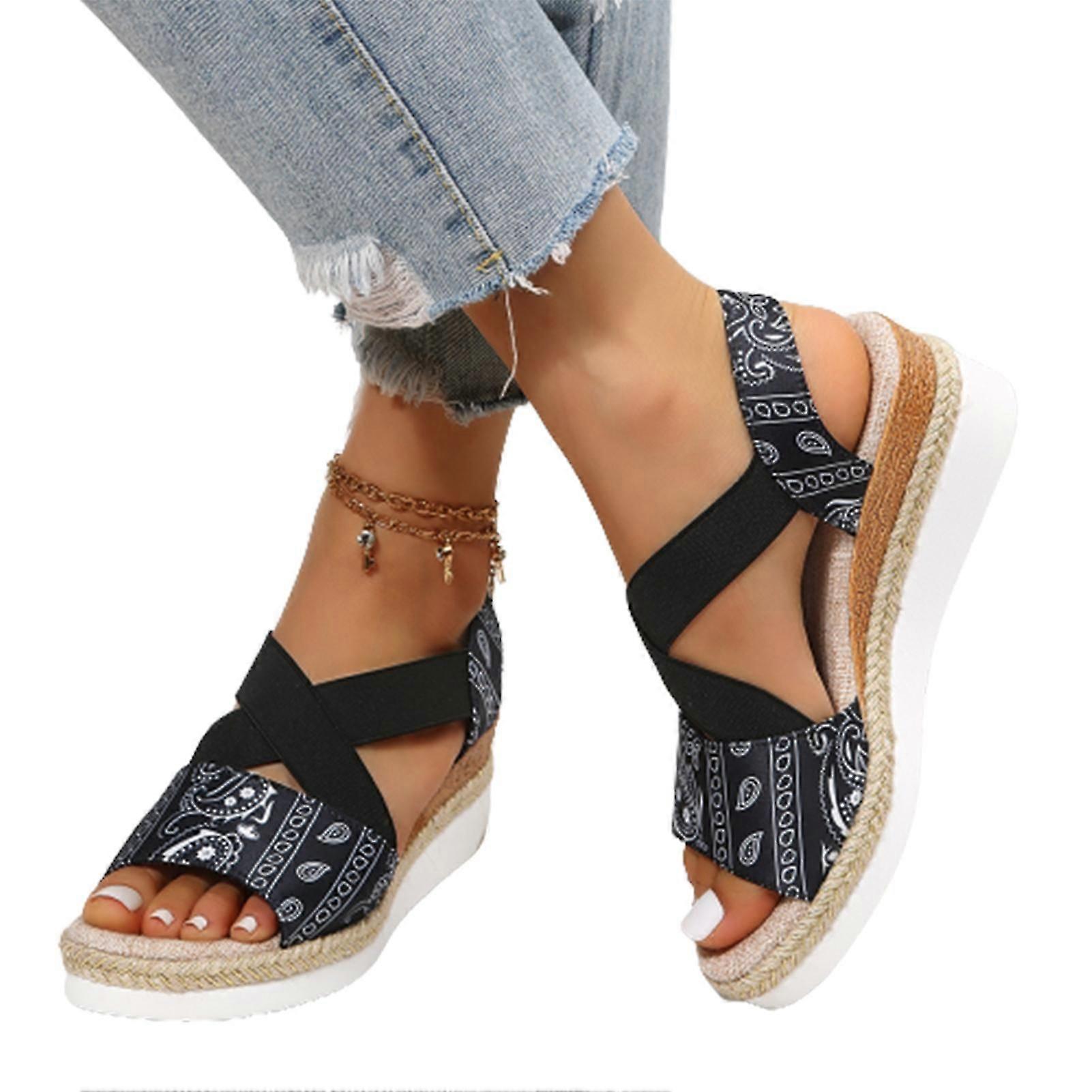 Women's Chunky Platform Sandals Ethnic Style Open Toes Cross Strap Summer Shoes
