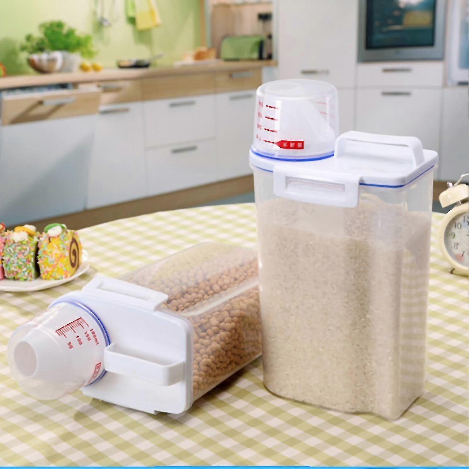 Portable Rice Bucket 2KG Transparent Rice Storage Container with Measuring Cup for Flour Rice Nuts Beans Snacks-Good