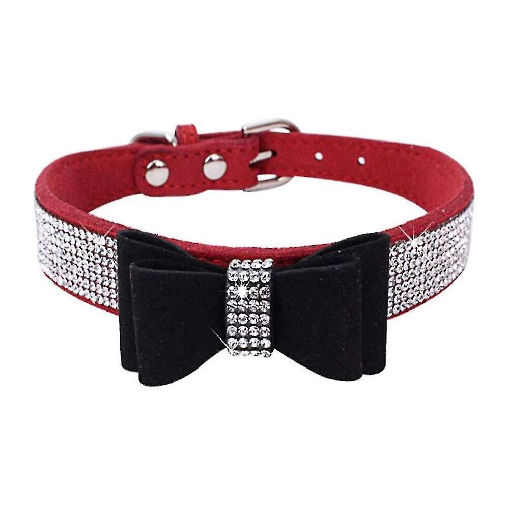ラインストーンズボウノットペットドッグカラー調節可能なキラキラクリスタルスタッズベルベット