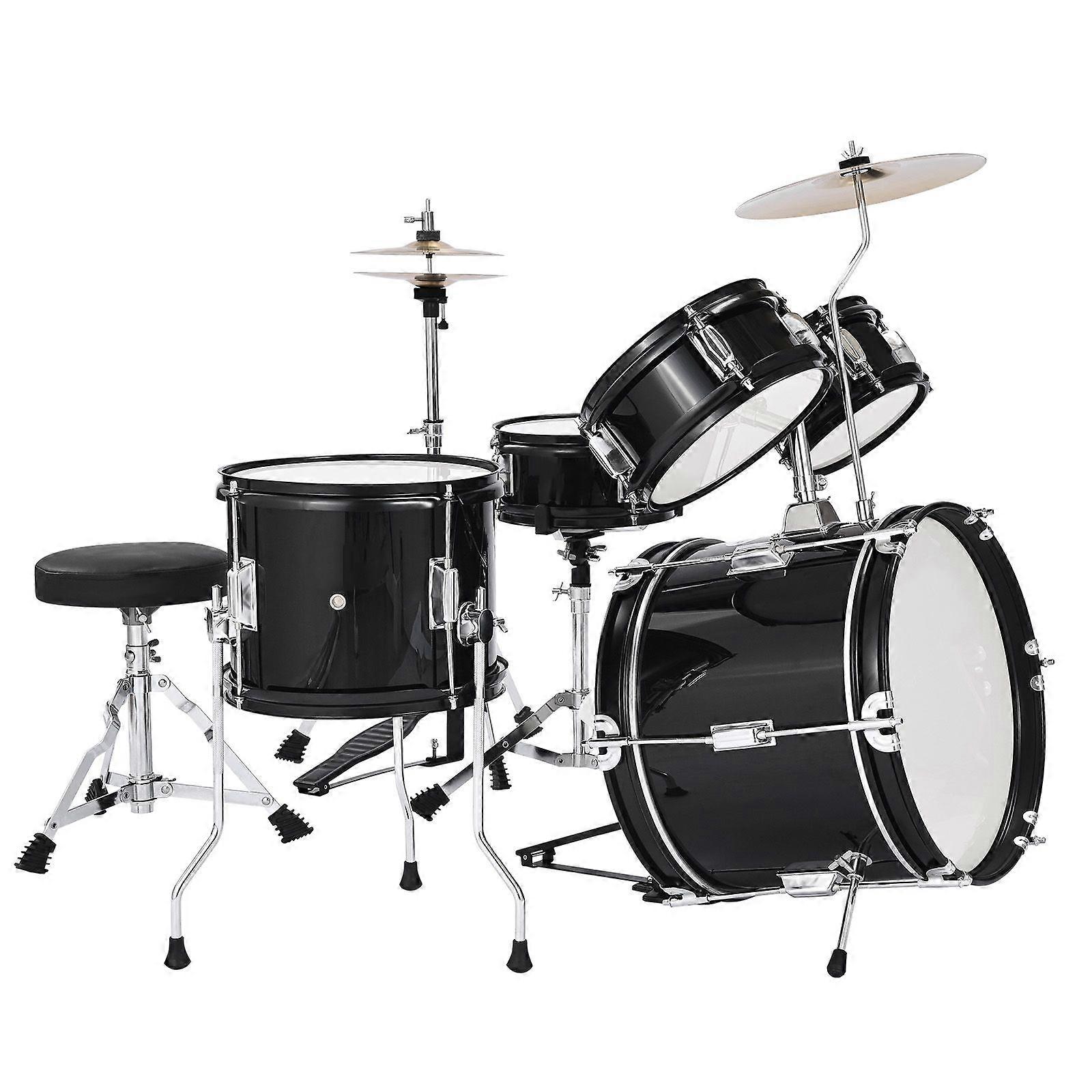 Kids Drum Set, 5-Piece 355.6 mm Junior Drum Sets, Beginner Drums Set with Adjustable Throne and Two Pairs of Drumsticks, Black