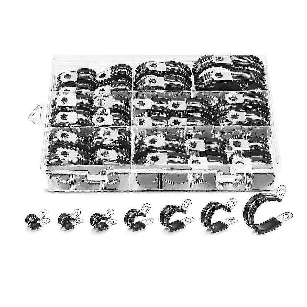 Assorted Cable Clamps Kit with 60 Pcs & 304 Stainless Steel Hose Clamps with Rubber Cushion - R-Type Pipe Clamping Solution