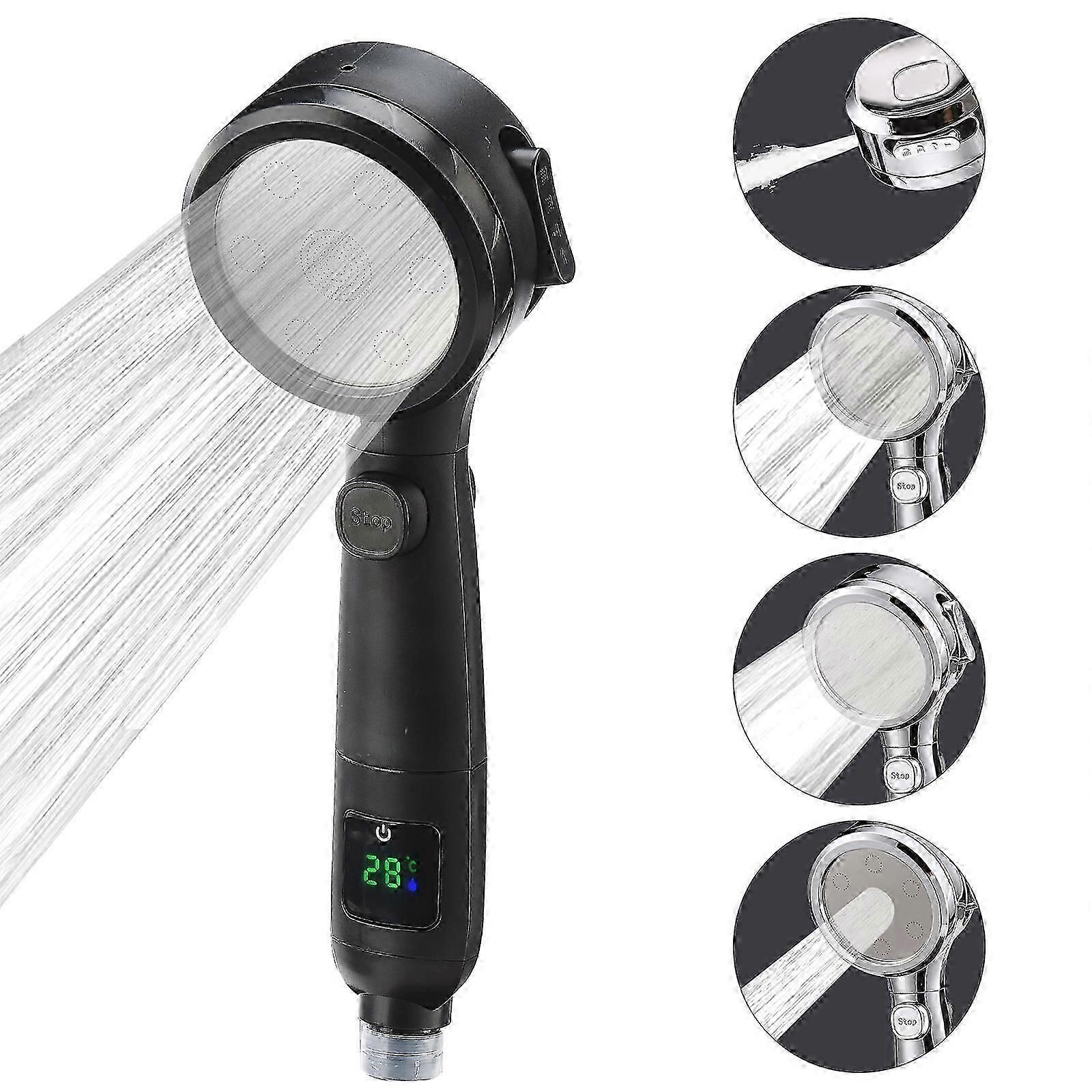 2023 New Arrive Digital Display Water Massage Black Pressurized Sprinkler Shower Head Universal Bathroom Accessor Built-in One-key Stop
