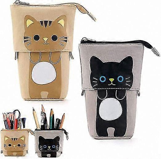 2-Pack Retractable Pencil Case with Zipper, Cute Cat Design, Transformer Stand, Multi-Functional Storage Bag for Kids and Students, Grey and Brown