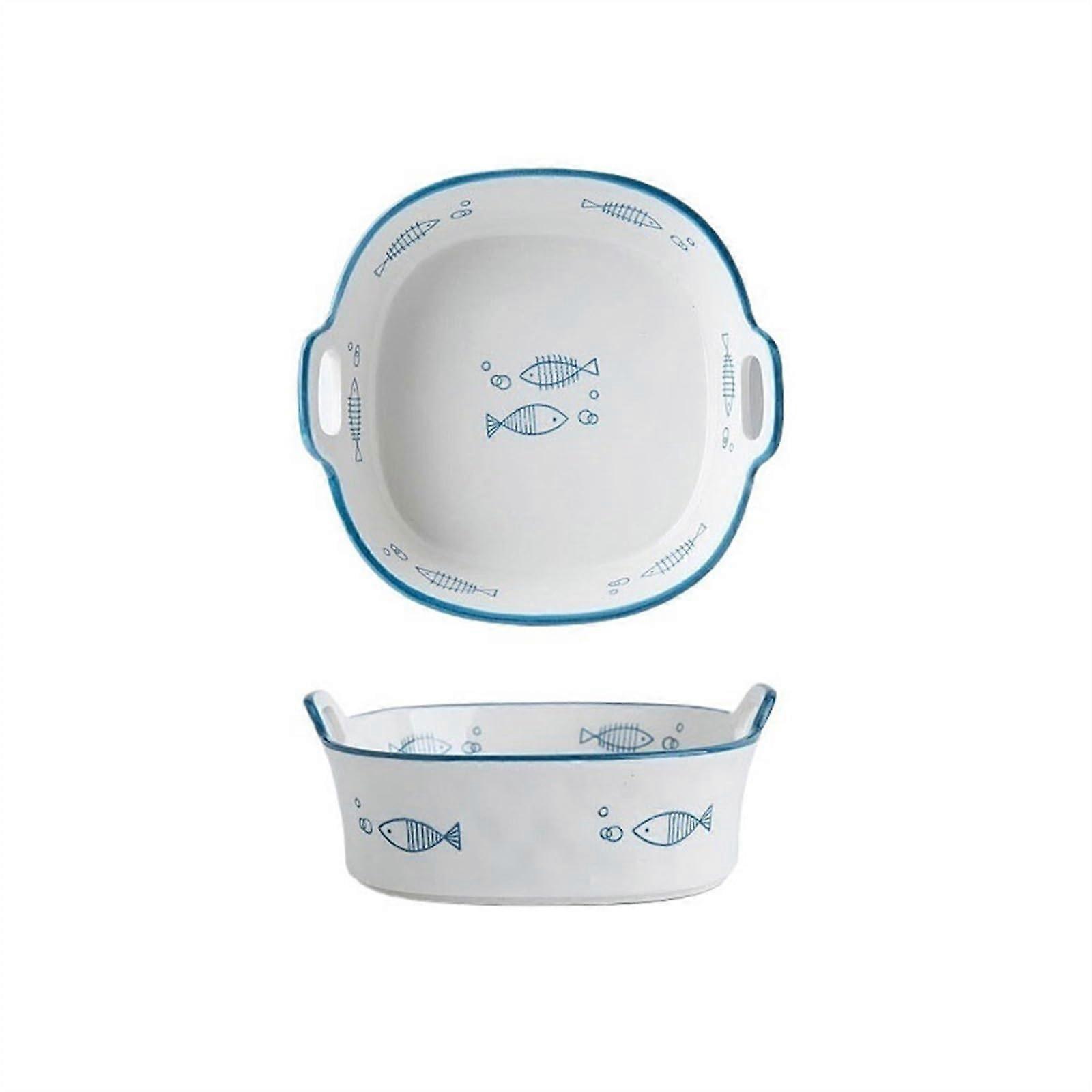 Baking Dishes for Casseroles - 2-Quart Double Ear Ceramic Bowls, Underglaze Tableware, Blue Baking Dish Set
