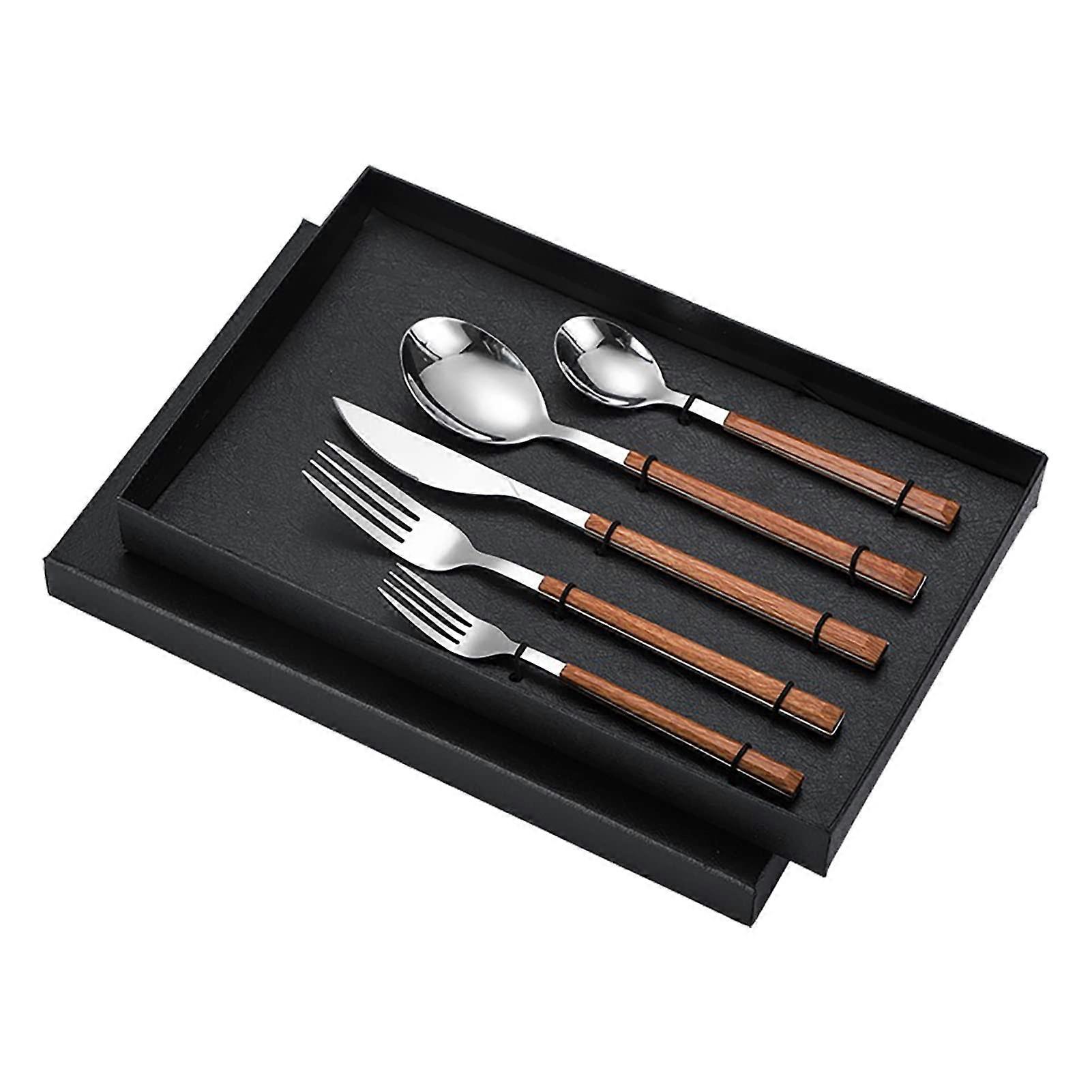 Serving Cutlery Set: Mirror Finish Forks and Spoons, 5Piece, Ergonomic Design, Reusable For Home, Wood Grain Handle