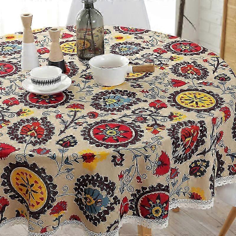 Floral Print Tablecloth Linen Cotton Blend Round Table Cover Lace Edge Multi-Purpose Dining Cloth