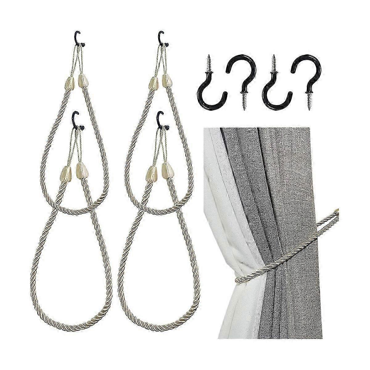 Curtain Tiebacks Ropes 4 Pack, Curtain Holdbacks with 4 Metal Screw Hooks,Holders Cord for Thin or