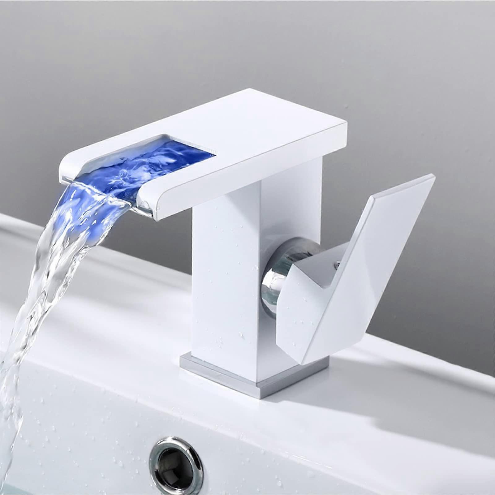 Waterfall LED Bathroom Faucet Color Changing LED Light Brass Hot Cold Mixer Basin Faucet White Single Handle Single Hole