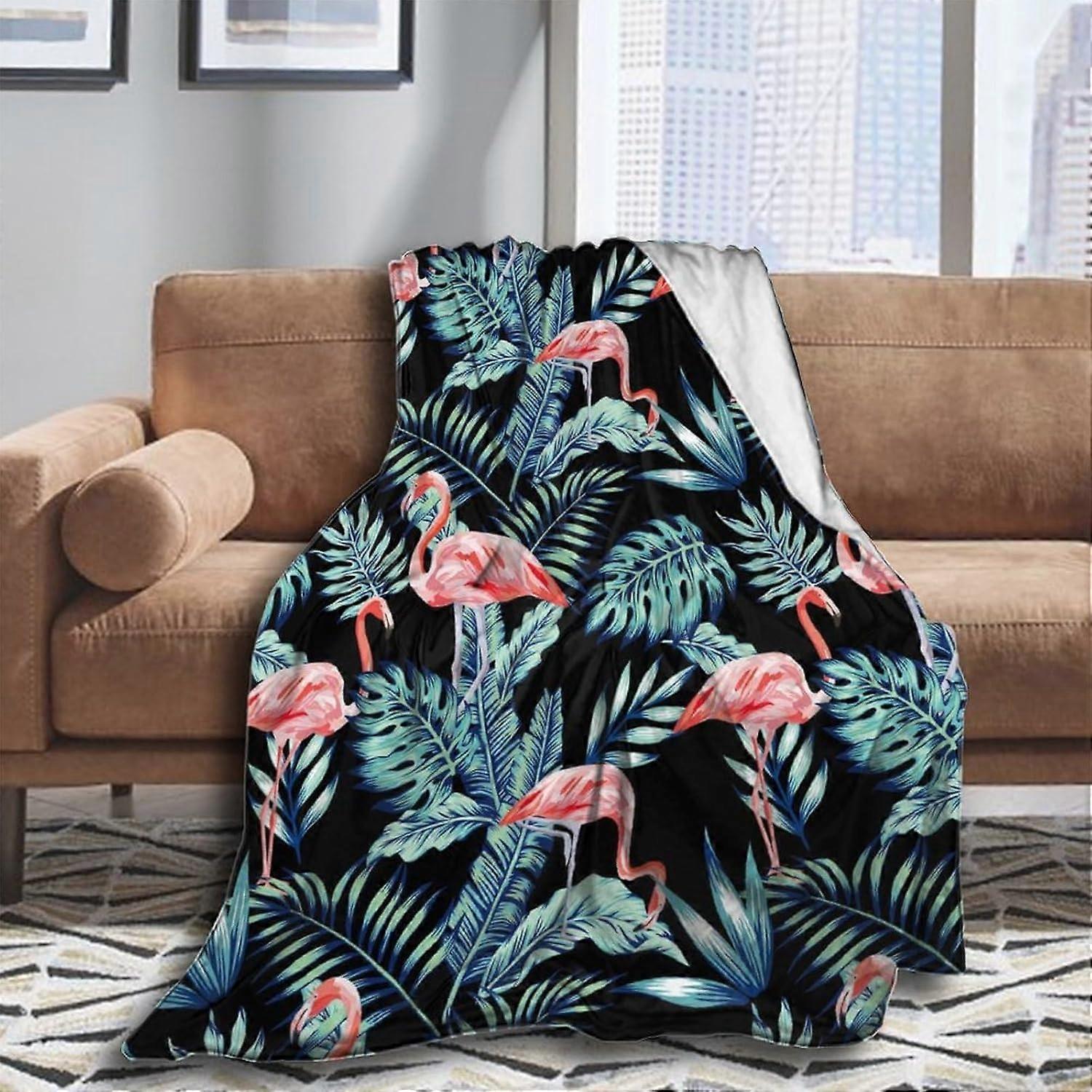 Soft Plush All Season Throw Blanket - Cozy Travel Blanket with Palm Tree, Tropical Bird & Pink Flamingo Design