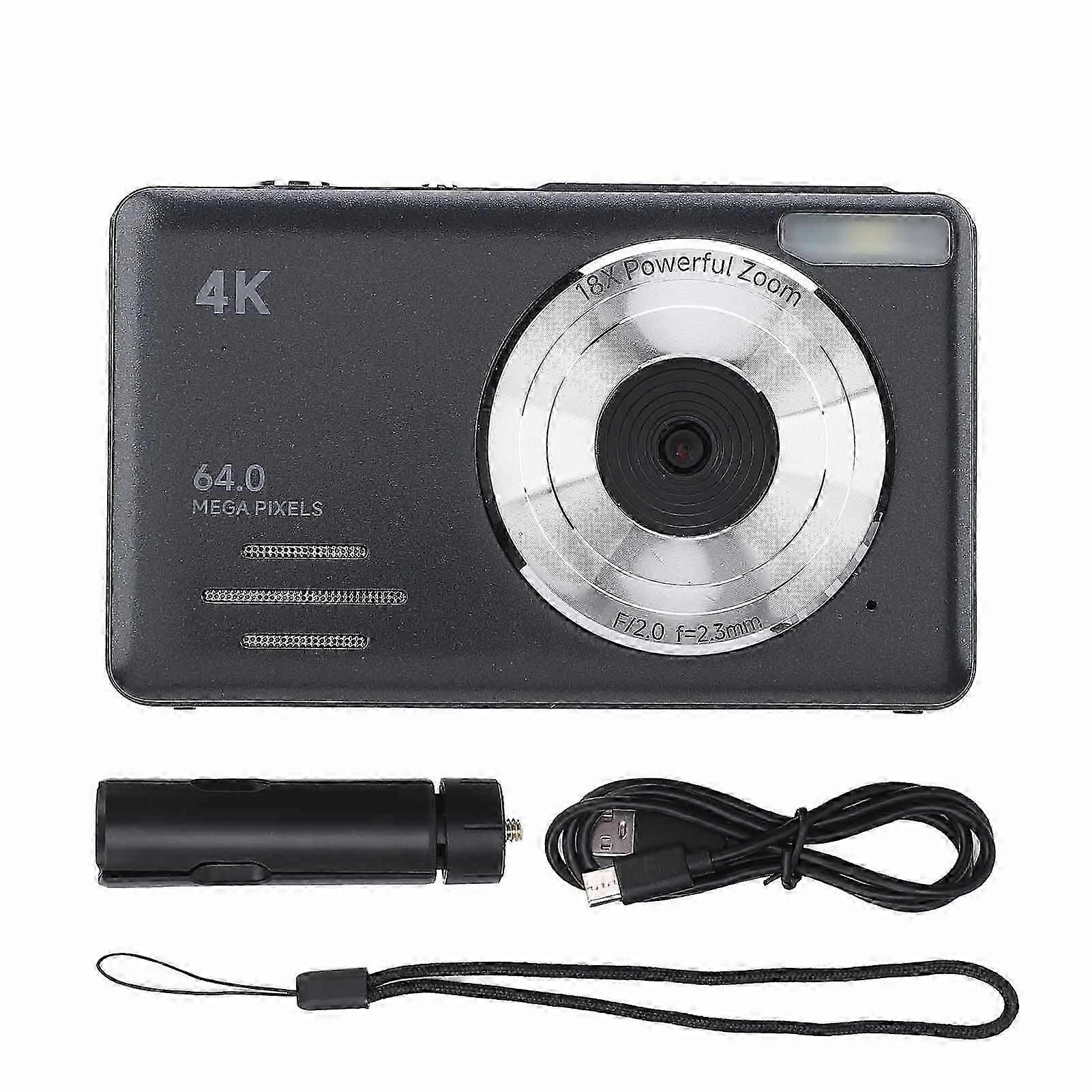 4K 64MP Digital Camera with 18X Digital Zoom Auto Focus Compact Small Camera Multiple Filters Loop Recording Slow Motion Timelapse Photography Black