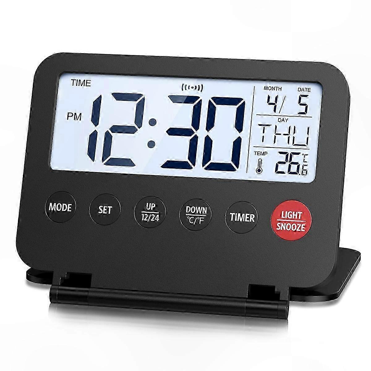 Compact Travel Alarm Clock with Snooze, Portable Digital Timer, 12/24H Display, Calendar Function