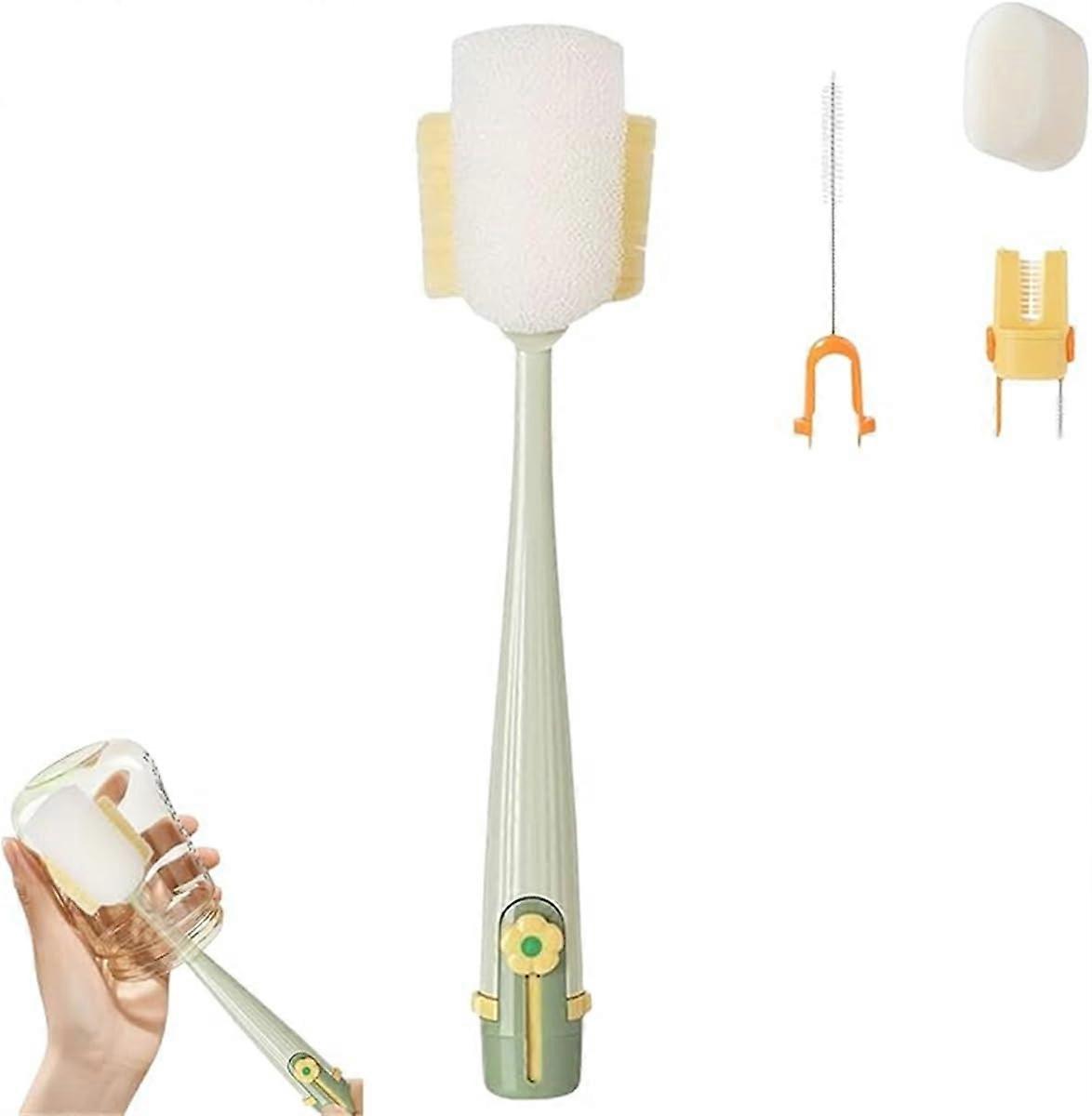 5 in 1 Bottle Cleaning Brush Set Straw Cleaner, Replaceable Sponge Heads, For Baby Bottles, Cups, Thermoses, Green
