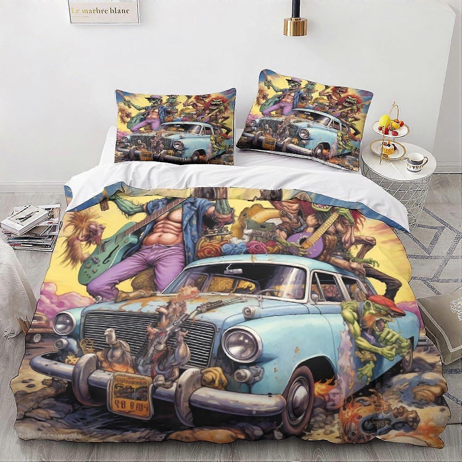 LikeEj monstros edredom capa desenhos animados roupa de cama conjunto 3D carro vintage macio edredom colcha capa microfibra 3 peças de cama conjunto quarto decoração King