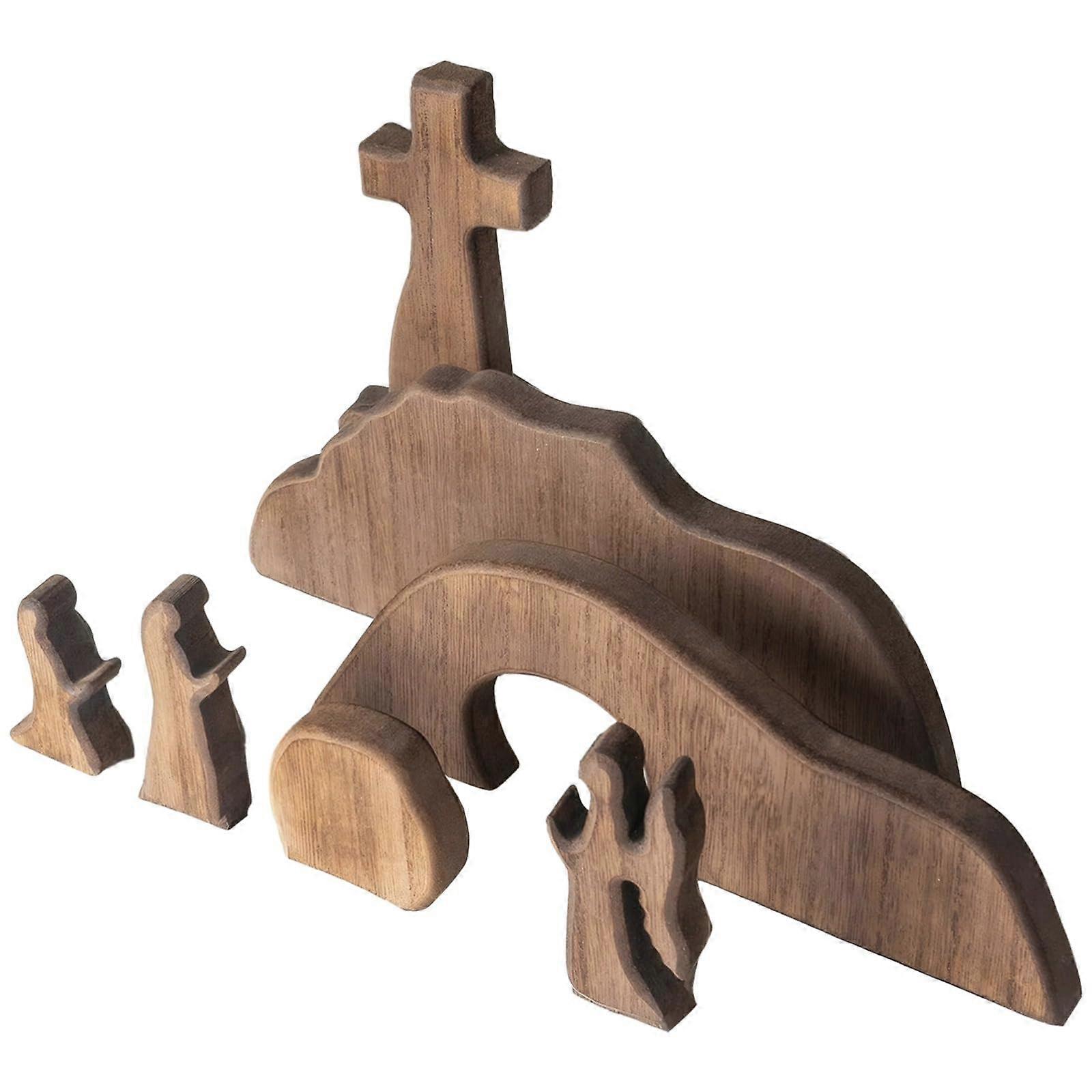 Wooden Easter Resurrection Scene Set of 7, Religious Table Decor with Crosses for Christian Home