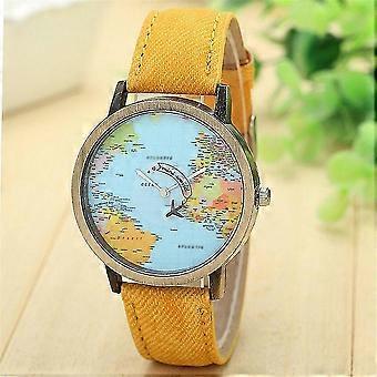 Armband met vliegtuigmotief dat de aarde omringt, bronzen retro horloge met vliegtuigkaart, heren- en dameshorloge.