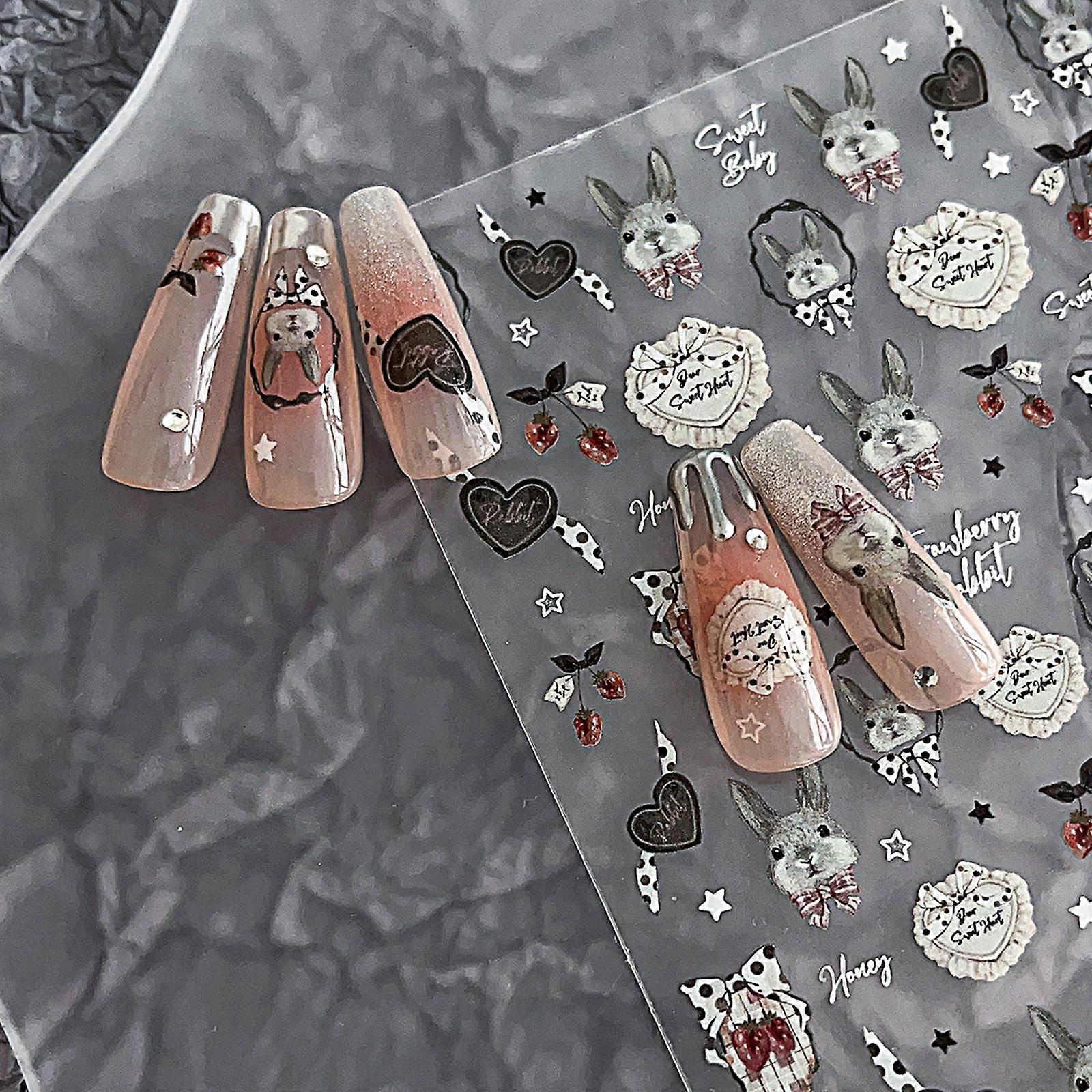 Nail Art Stickers Rabbit and Strawberry Easter 5D Embossed SelfAdhesive Nail Decals 2 Sheets