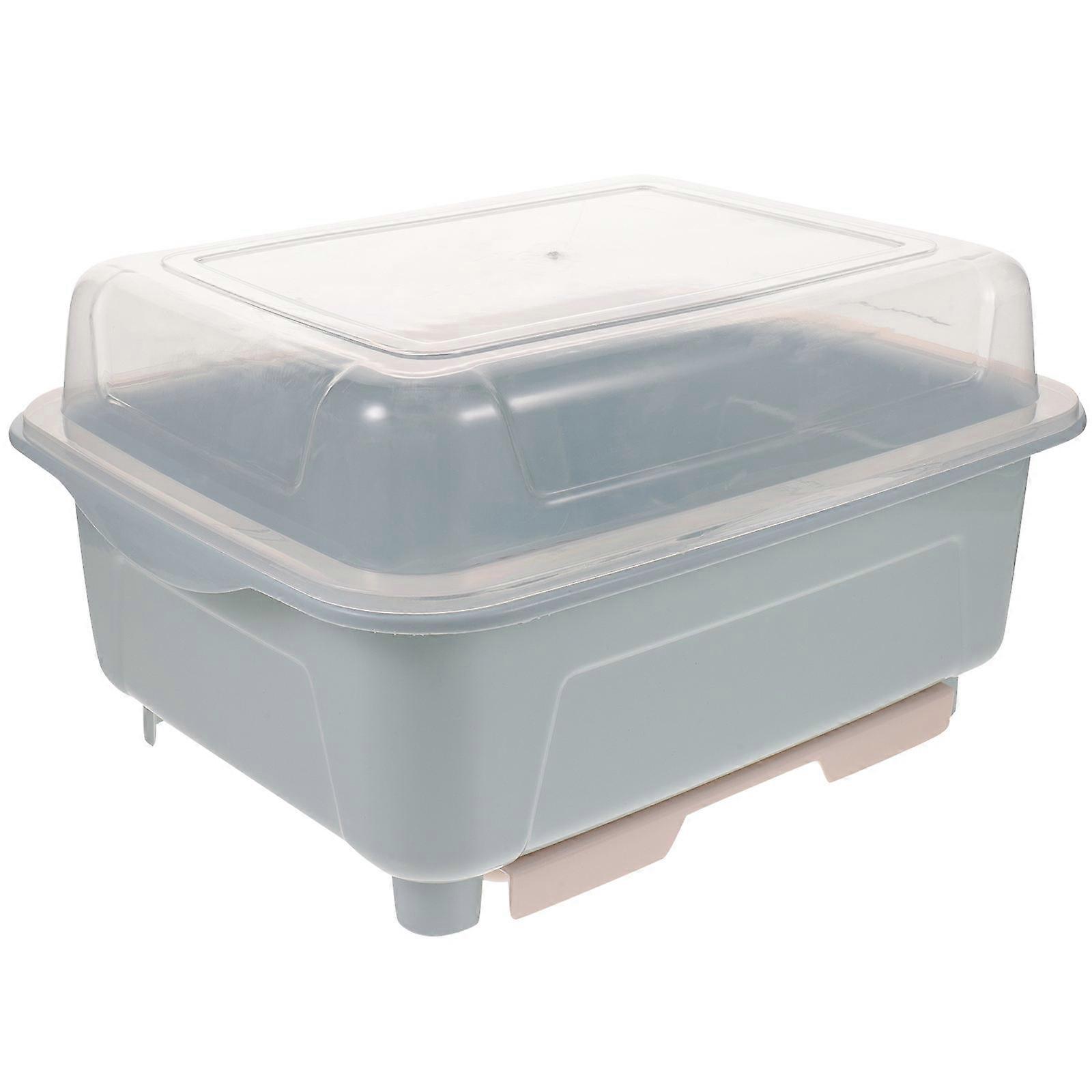 Dish Drain With Cover Lid Kitchen Cutlery Dish Drainer Rectangular Blue 33X26X18CM Storage 1Pack