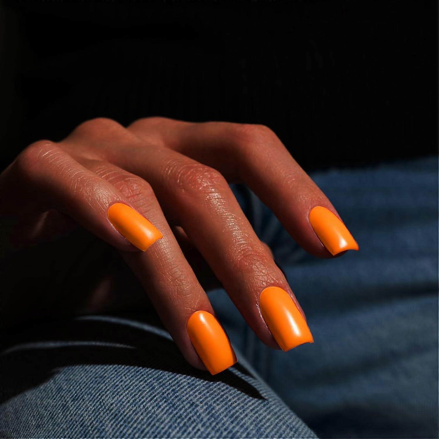 Orange Press On Nails Medium Short Square, LongLasting Gel, 24PCS Fake Nails