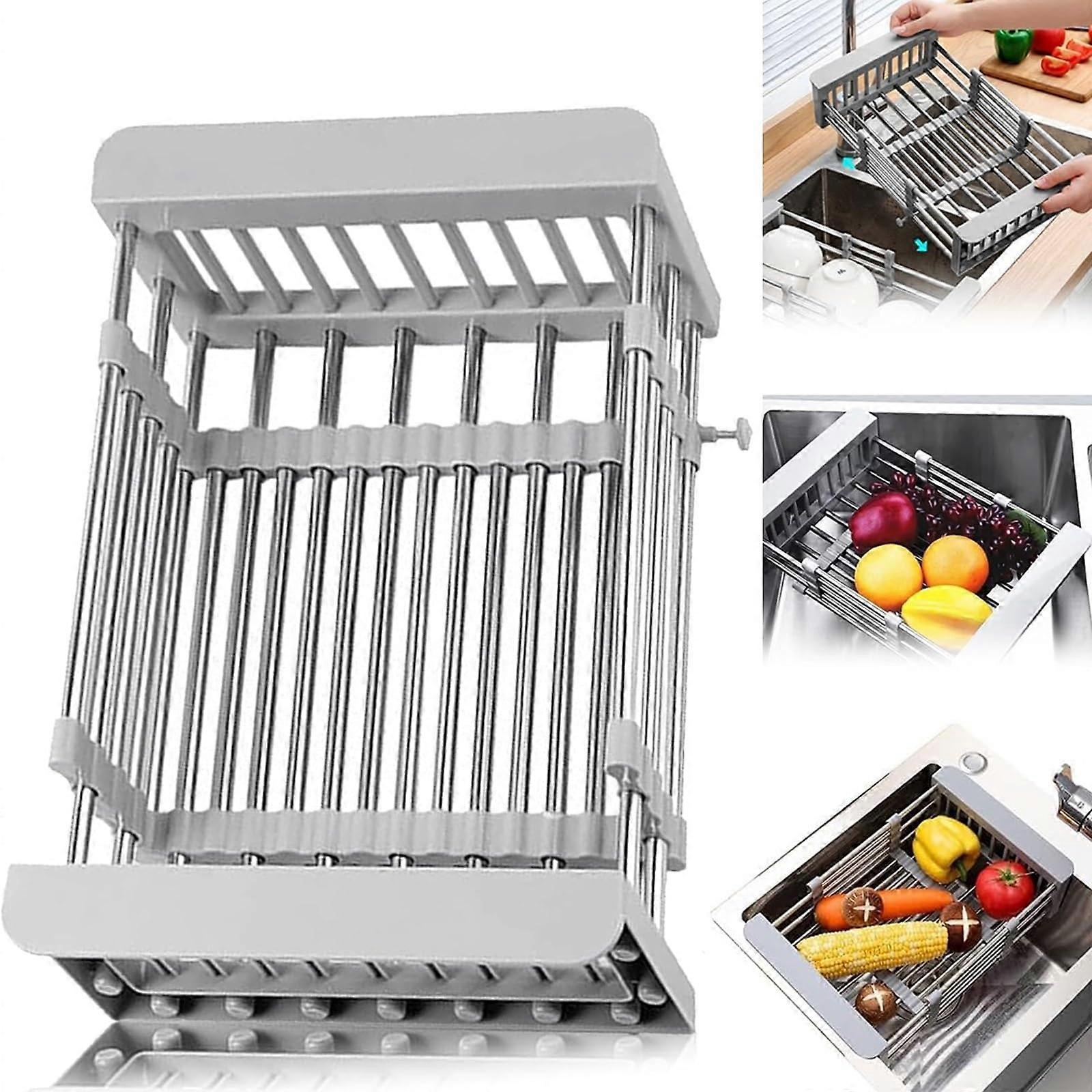 Extendable Kitchen Sink Rack Stainless Steel Adjustable Telescopic Organizer for Vegetables Gray L
