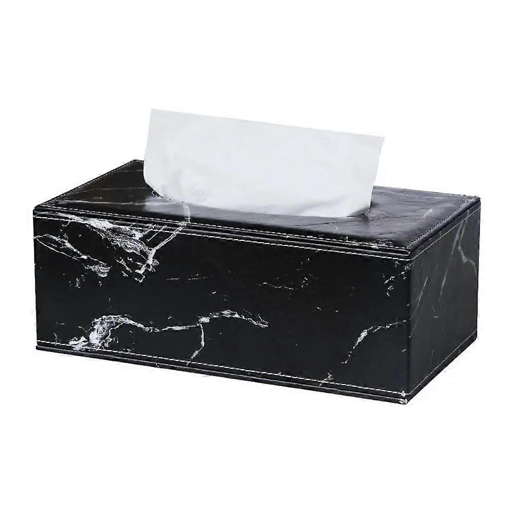 Tissue Box Cover Marble Pattern PU Leather Rectangular Napkin Holder Black for Home and Living Room