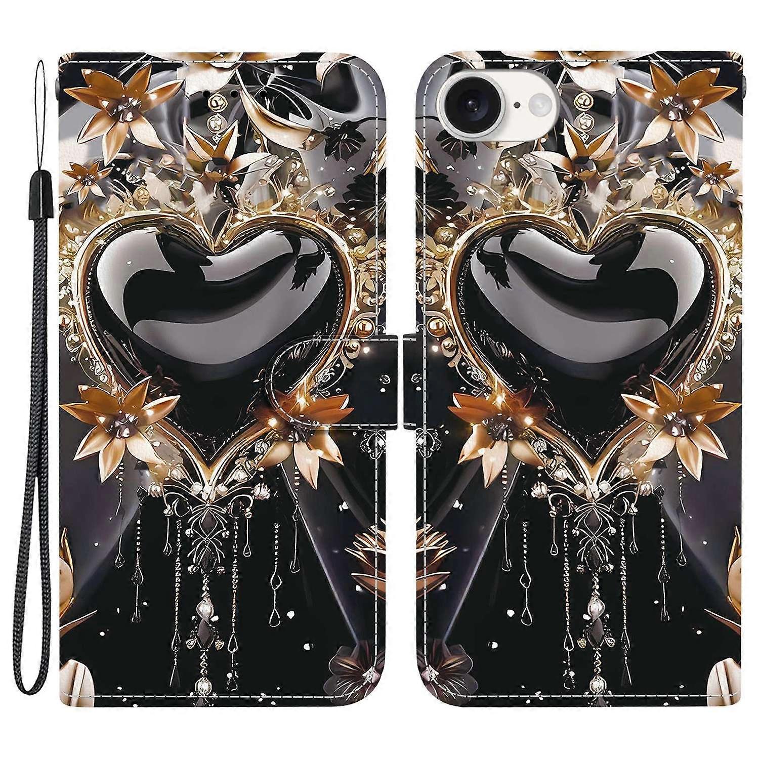 For iPhone 16e Wallet Case Pattern Printing Leather Stand Phone Cover with Strap