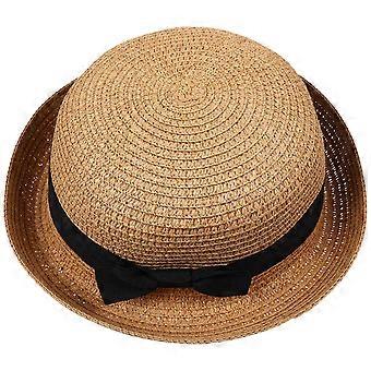 Fashion Women's Girls Bowknot Roll-up Wide Brim Dome Straw Summer Sun Hat Bowler Beach (Sky-blue)