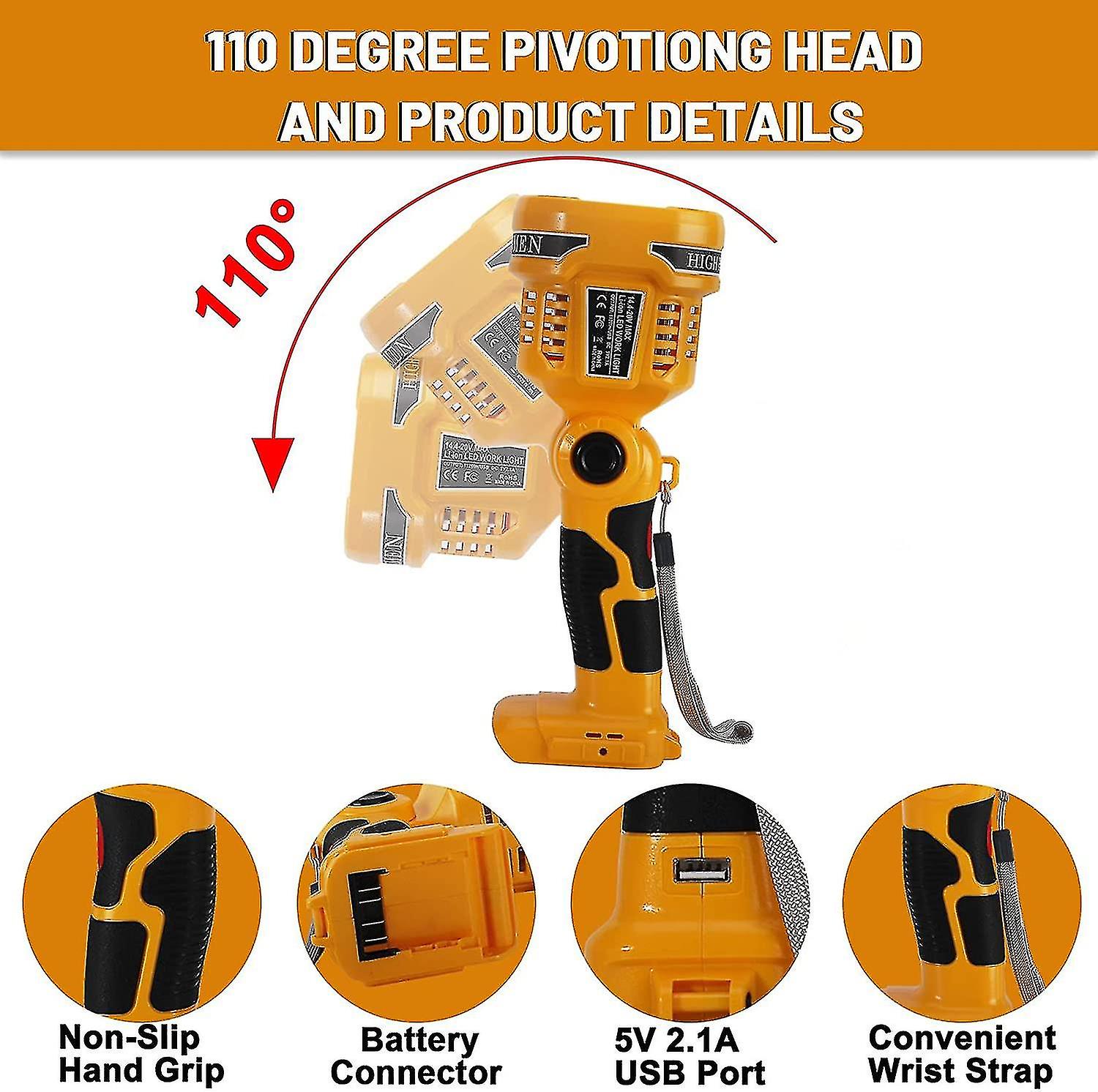 YEX-BUR LED Work Light For DeWalt 20V Battery - 12W 1000LM Cordless Spotlight With USB Port, 270° Rotating Head