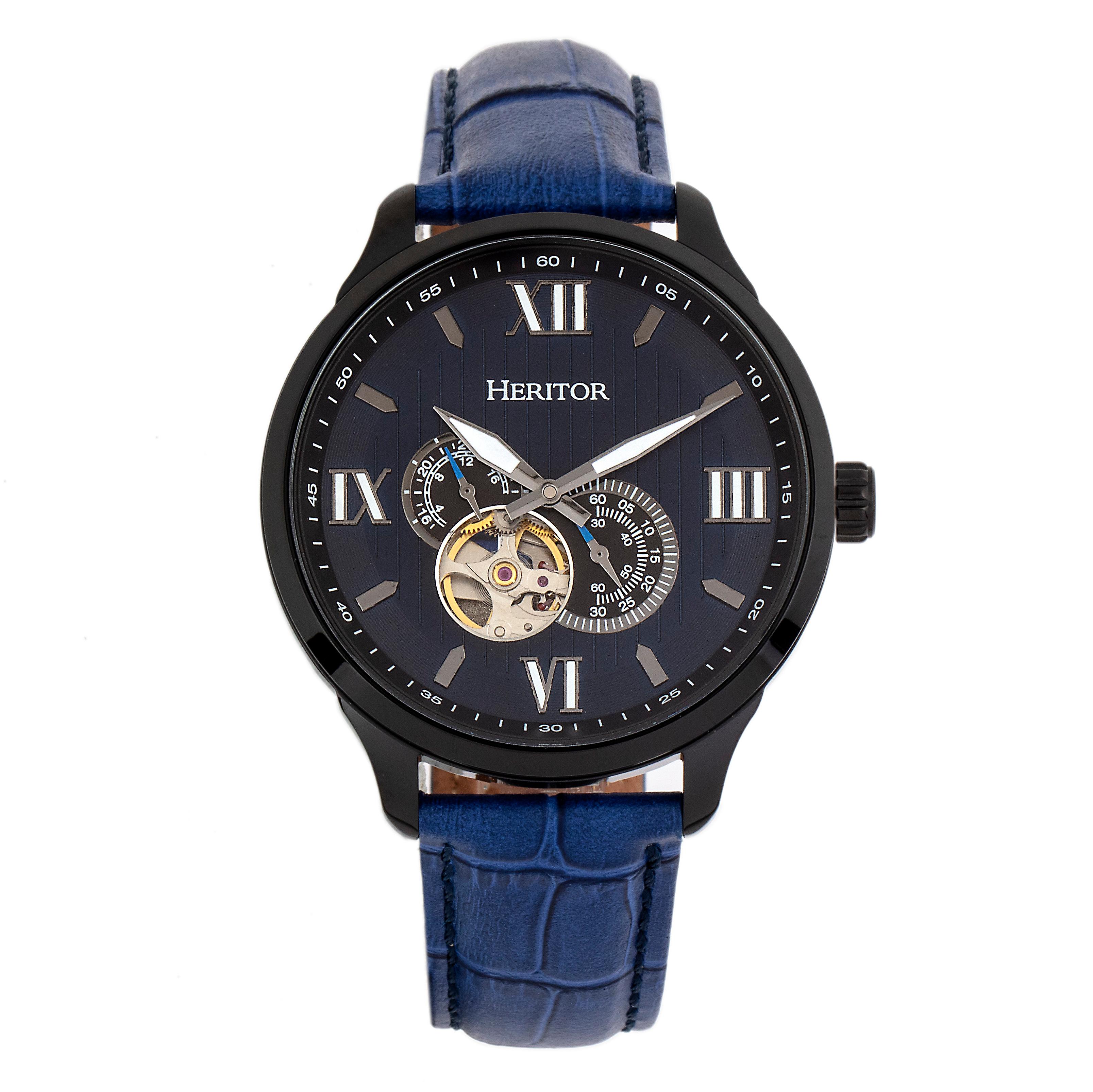 Heritor Automatic Harding Semi-Skeleton Leather-Band Watch - Black/Blue