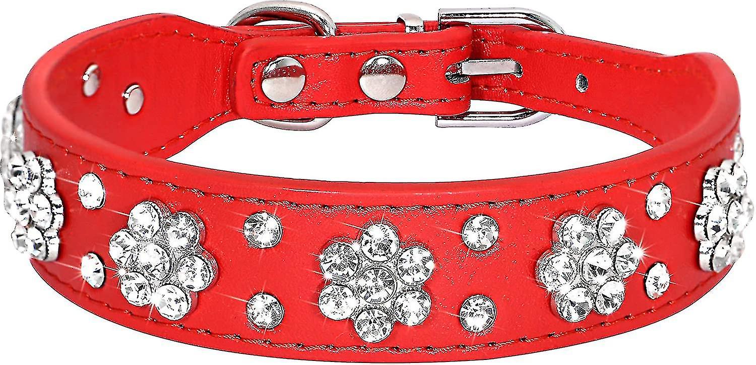 Cute Pu Leather Dog Collar - Rhinestone Flower Pattern Studded - 1 Inch Width Fit Small And Medium Dogs Red S:11-13"