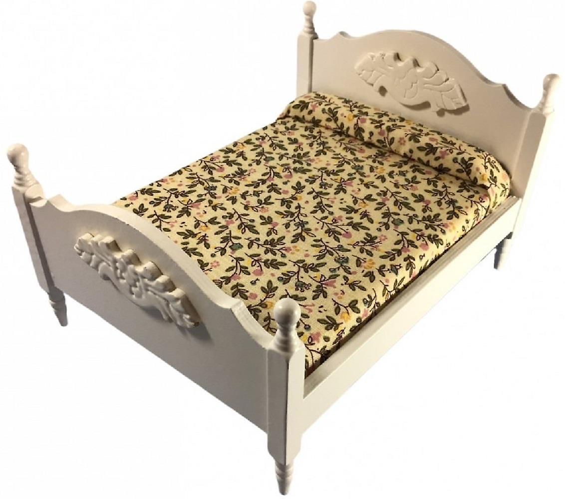 Dockhus Vit Dubbelsäng & Blommiga sängkläder Miniatyr Sovrumsmöbler 1:12