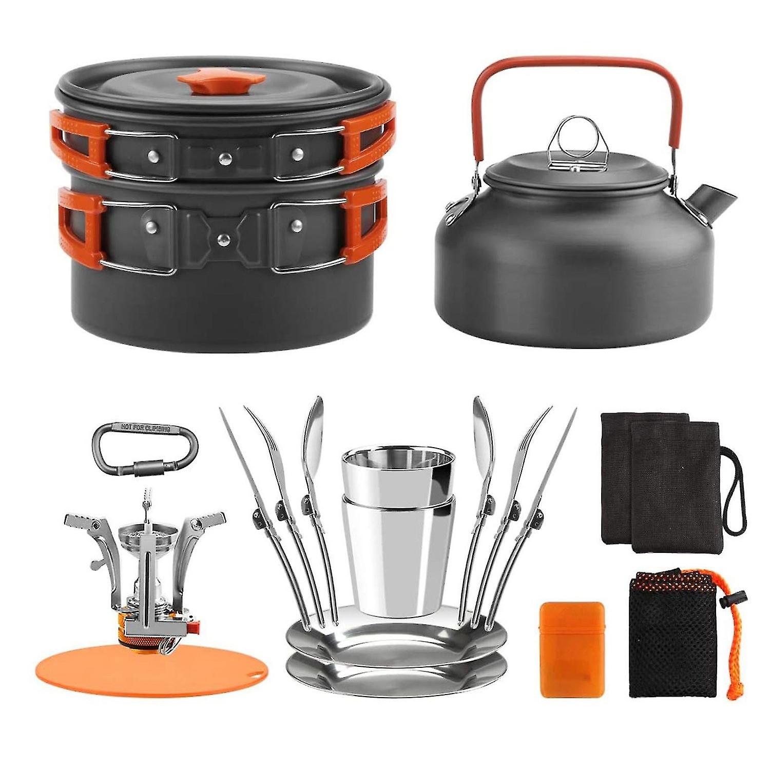 Outdoor Camping Cookware Mess Kit Pot Pan Kettle Cooking Set Tableware with Stove Spoon Fork Cutter
