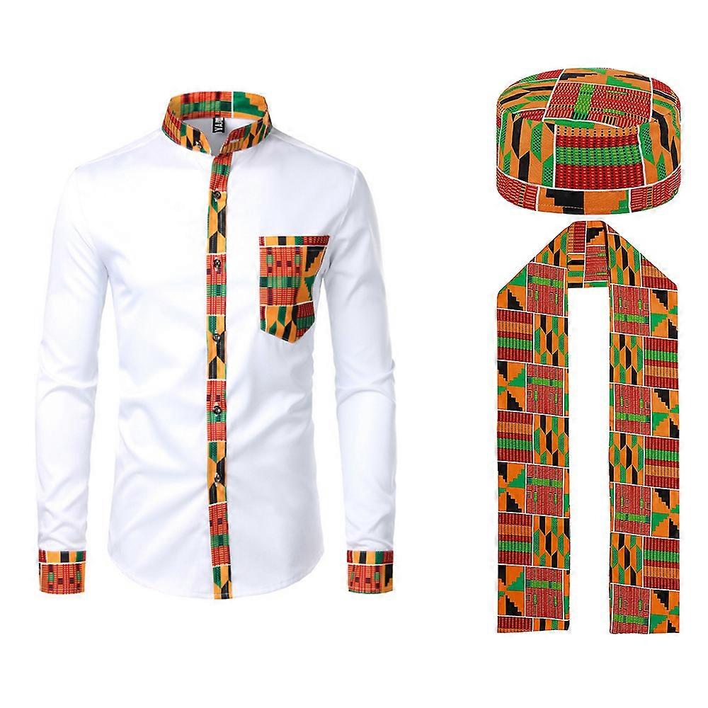 HOT 3 PCS African Kente Pattern Costume Set with Button Shirt Kufi Hat Scarf Stole Sash Outfit for Black History Month Party Suit