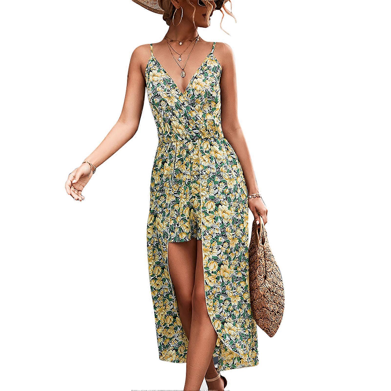 Macacão com Decote em V com Alça de Espaguete Estampa Floral Cintura Elástica Irregular Painel Bainha Mulheres Macacão Macacão de Verão Amarelo L