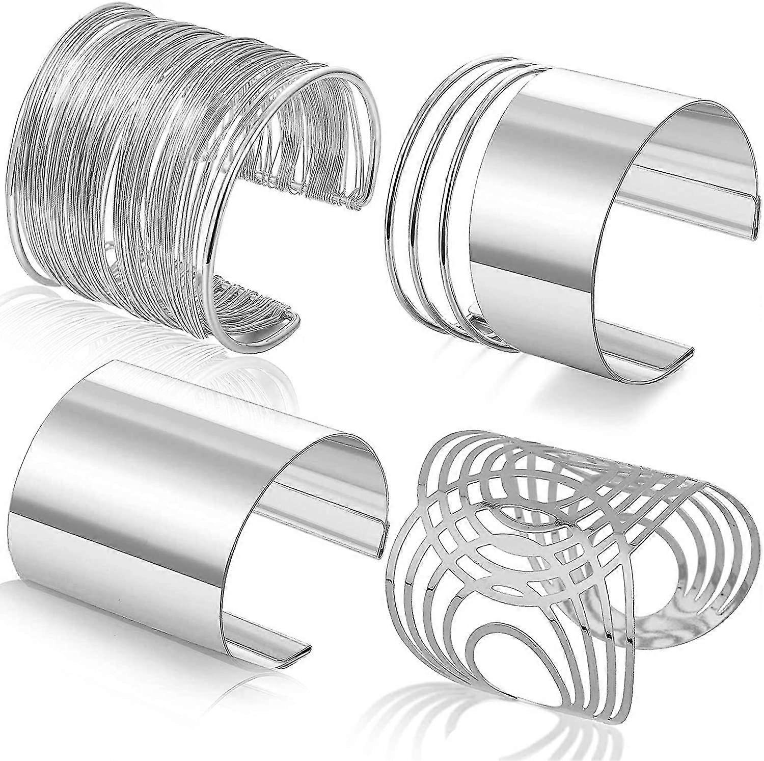 4 Pcs Cuff Bangle Bracelet For Women Open Wide Wire Bracelets Silver