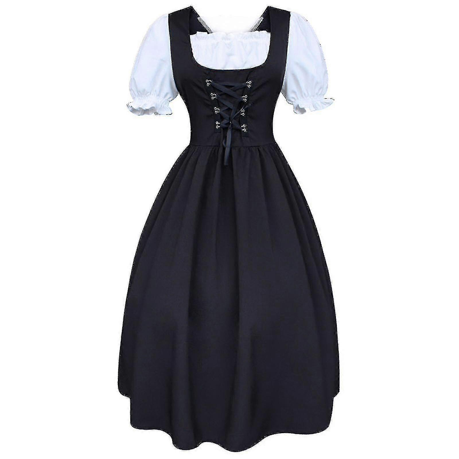 S-5xl Women's Midi Dirndl Dress 2-pieces With Apron And Blouse Black White