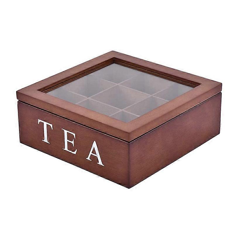 9 Cells Wooden Storage Box with Visible Lid for Tea Bag Jewelry Coffee Retro Style 23*23*9CM