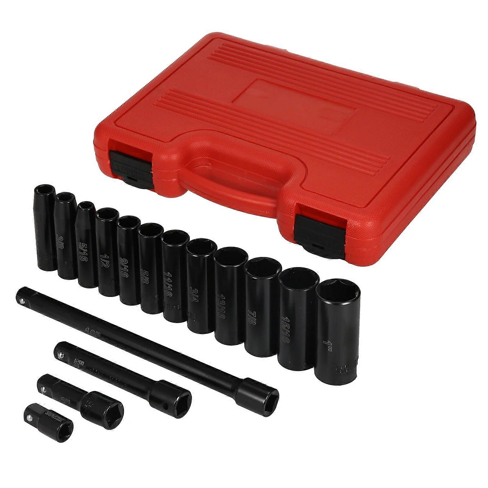 16PCS 1/2-tums enhet SAE Deep Cr-V Impact Socket Set, Ytelektrofores, Lasergravyrspecifikation Rött blåsformfodral